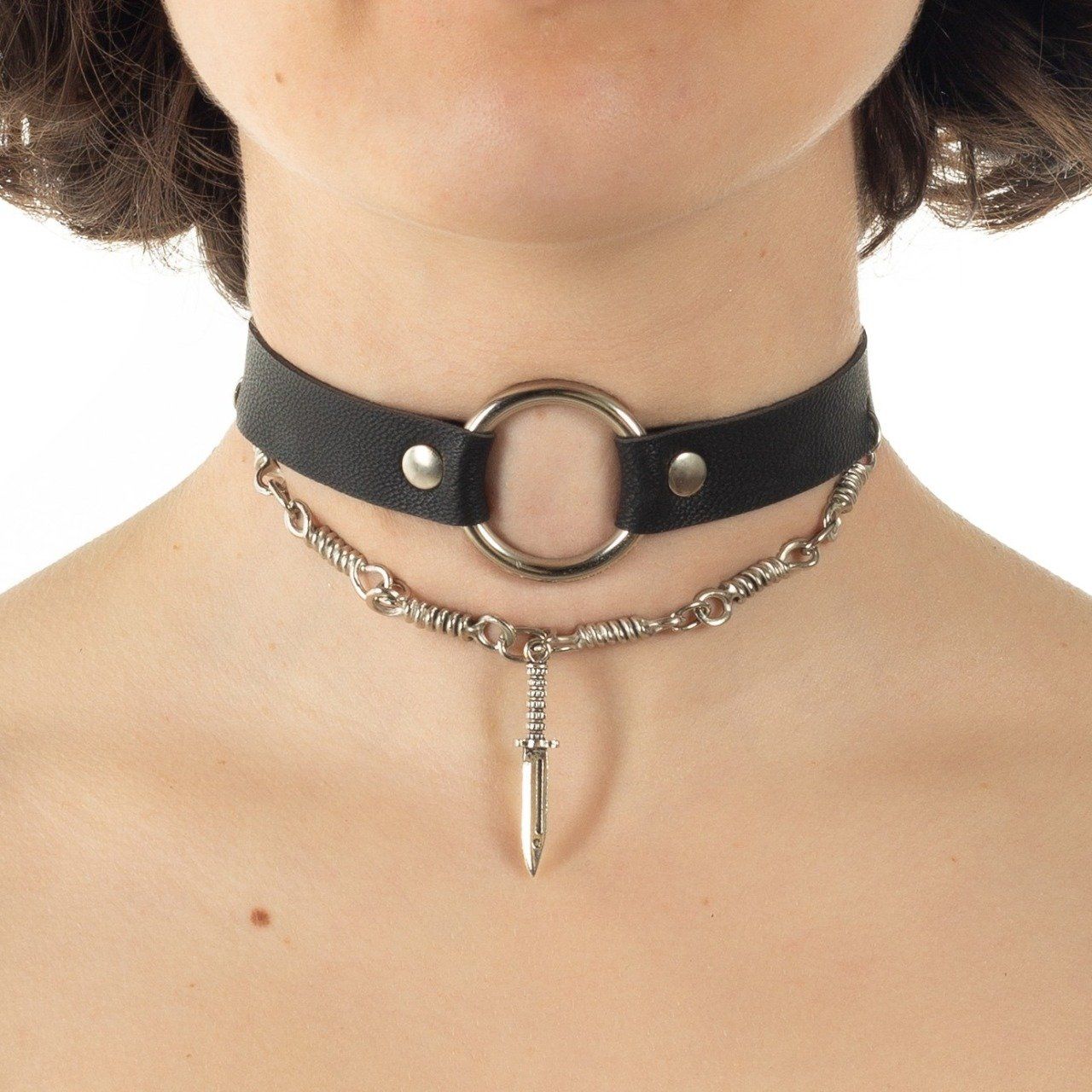 Kılıçlı Zincirli Deri Gotik Choker