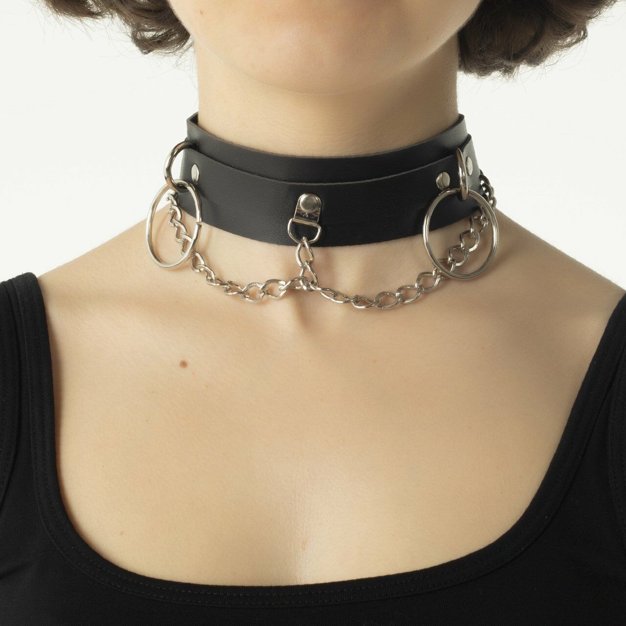 Halkalı Zincirli Deri Gotik Choker