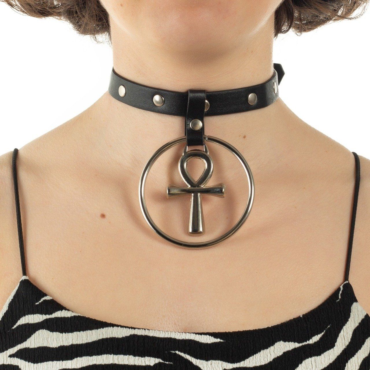 Haçlı Halkalı Deri Gotik Choker