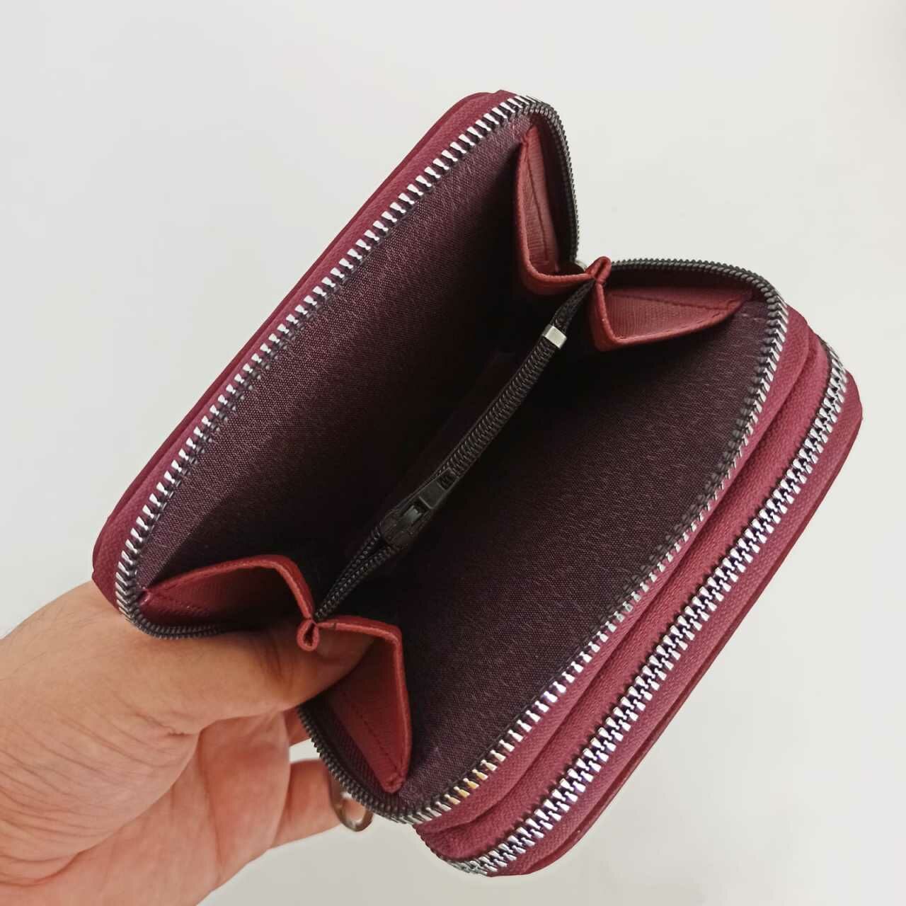 Bordo Mini Nubuk Çift Fermuarlı Kadın Cüzdanı