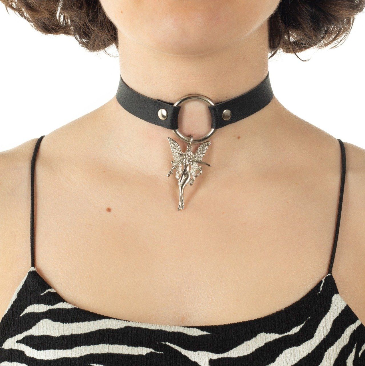 Melek Figürlü Deri Gotik Choker