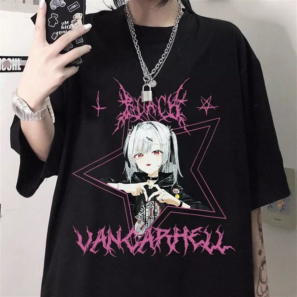 Harajuku T Shirt Aesthetic Gothic Punk Cartoon Siyah Oversize T-Shirt